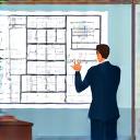 専門家がオフィスの設計図を指し示している様子